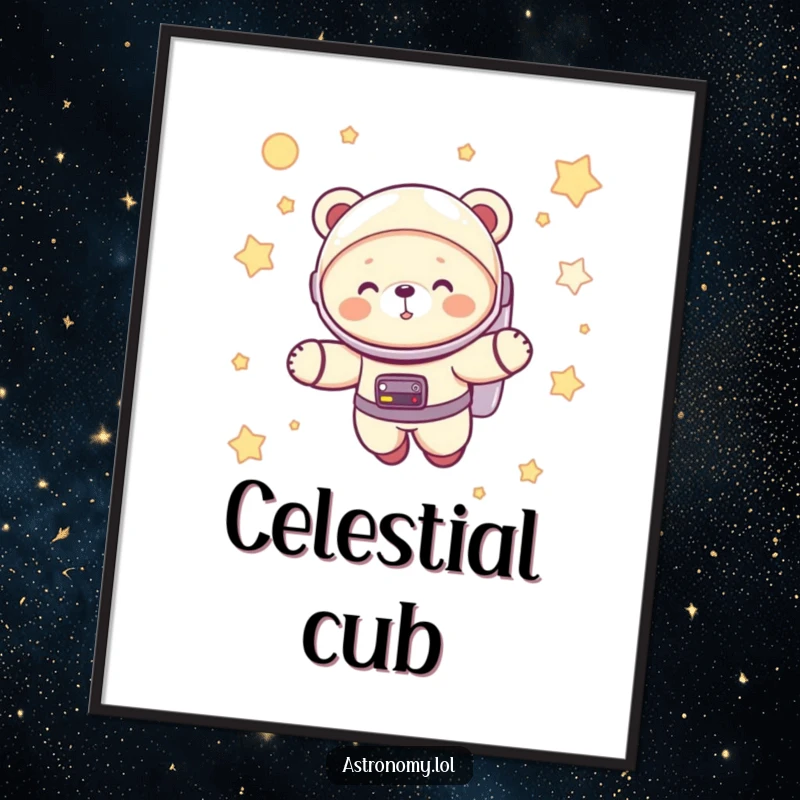 Funny astronaut bear cub giggling in a spacesuit, floating amongst stars, a high-resolution digital art print for instant download.