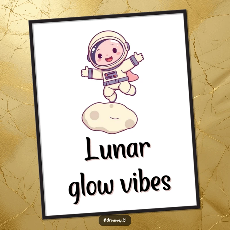 Funny digital art print of a joyful astronaut character bouncing on the moon, capturing playful cosmic energy.