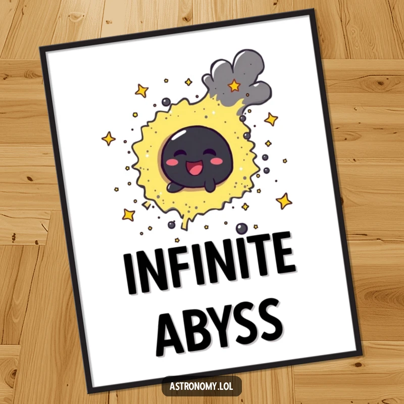Funny cheerful black hole character playfully swirling stardust, a digital art print full of cosmic allure.
