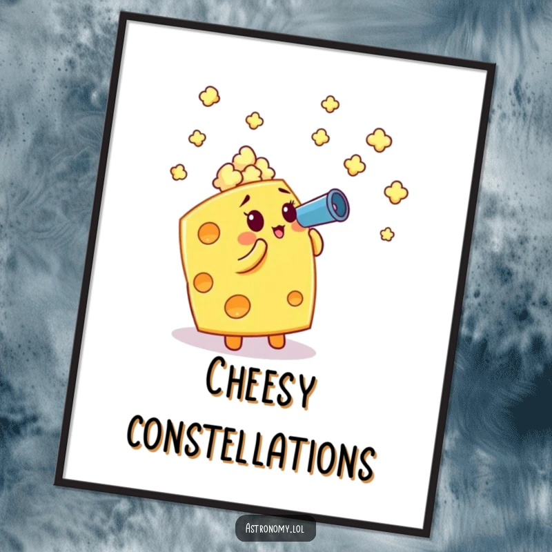 Funny digital art: A cheese cube using a telescope to view popcorn stars, capturing cosmic snack humor.