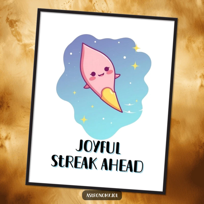 Funny comet streak digital art print with giggling character smiling and streaking, a humorous and instant downloadable gift.