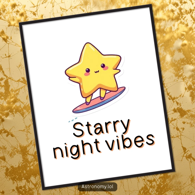 Funny cute star character joyfully surfing on a tiny, vibrant comet tail, ready to bring laughter to any space.
