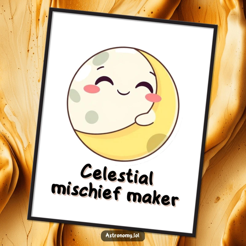 Funny grinning moon character winking from behind a playful planet, creating a humorous and charming digital artwork.