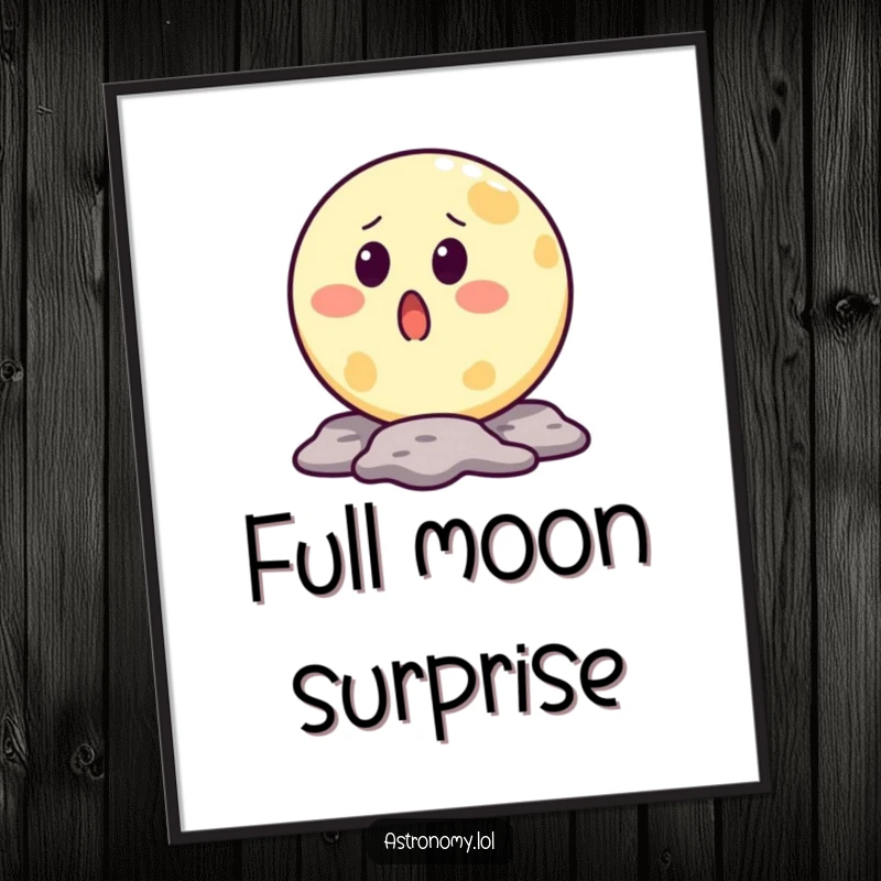 Funny moon digital art print of a surprised lunar character with a crater shaped like a mouth, designed for humor.
