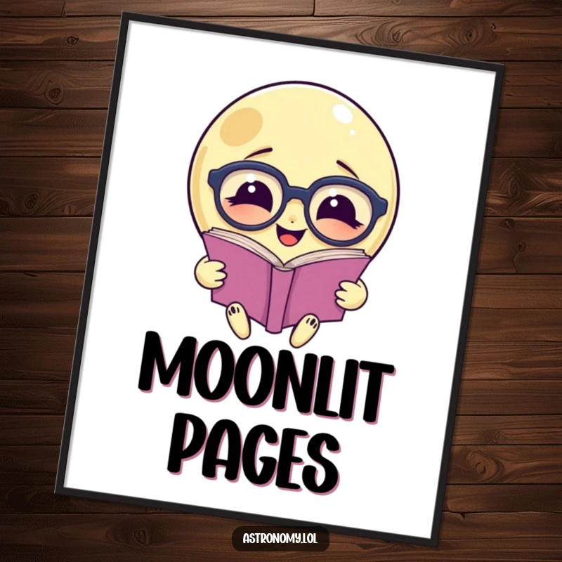 Funny digital art: A smiling moon wearing glasses reads a book, capturing serene nighttime wisdom.