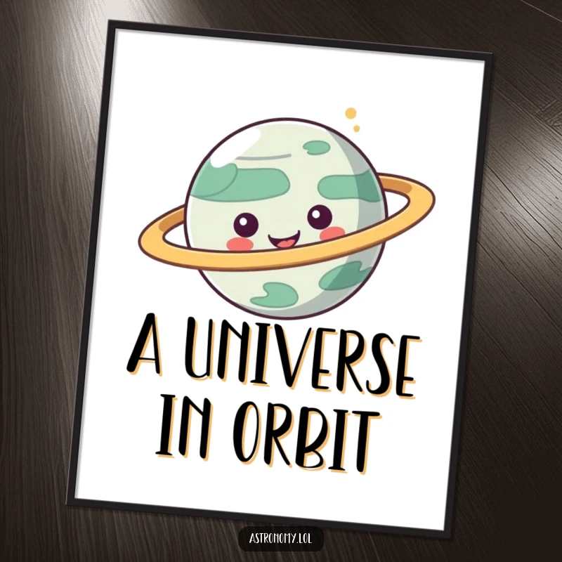 Funny digital art print of a playful planet character with vibrant spinning rings, radiating cosmic mirth.