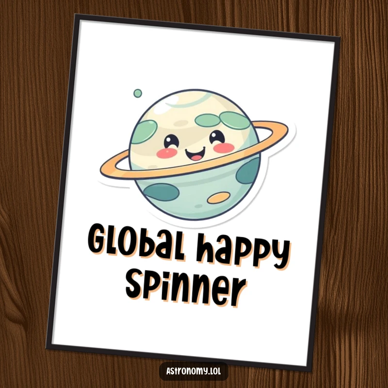 Funny digital art print of a cute, smiling planet character happily spinning, offering instant cheerful cosmic vibes for your decor.
