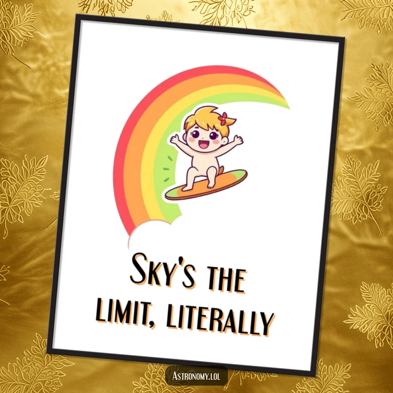 Funny digital art print of a happy character joyfully surfing a rainbow across the sky, embodying pure happiness and colorful adventure.