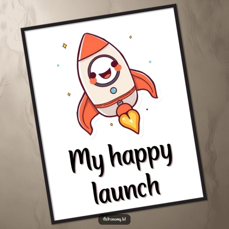 Funny rocket ship digital art print of a happy character grinning while blasting off, ready for instant download.