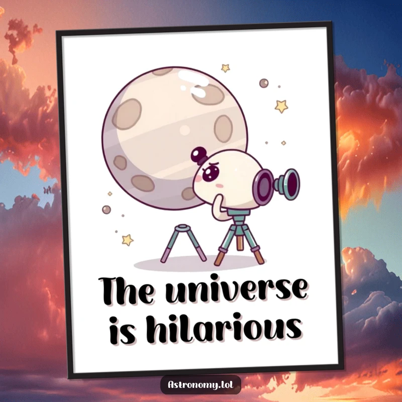 Funny digital art print of a cute, surprised character peering through a telescope at a giggling planet, capturing humorous cosmic discovery.