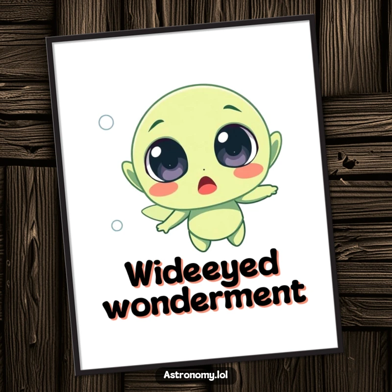 Funny surprised alien character with wide eyes floating in space, creating humorous and expressive digital art.