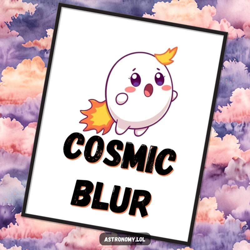 Funny digital art print of a surprised comet character with a wide-eyed expression and a dynamic, fiery tail, ready to download.