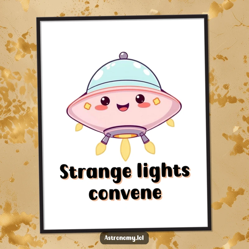 Funny digital art print of a jolly UFO character hovering with happy blinking lights, bringing extraterrestrial charm. Instant gift.