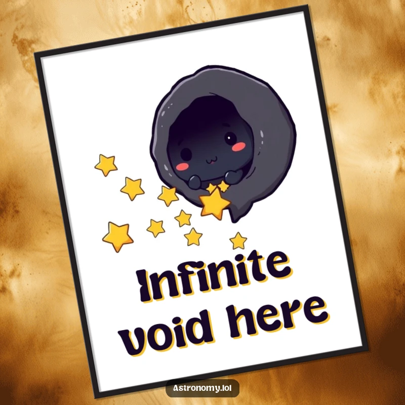Funny black hole character playfully sucking in tiny stars, digital art print, instant cosmic humor download.