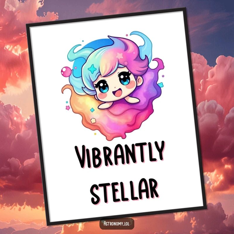 Funny nebula digital art print of a delighted character swirling in vibrant, energetic cosmic colors for instant wall decor.