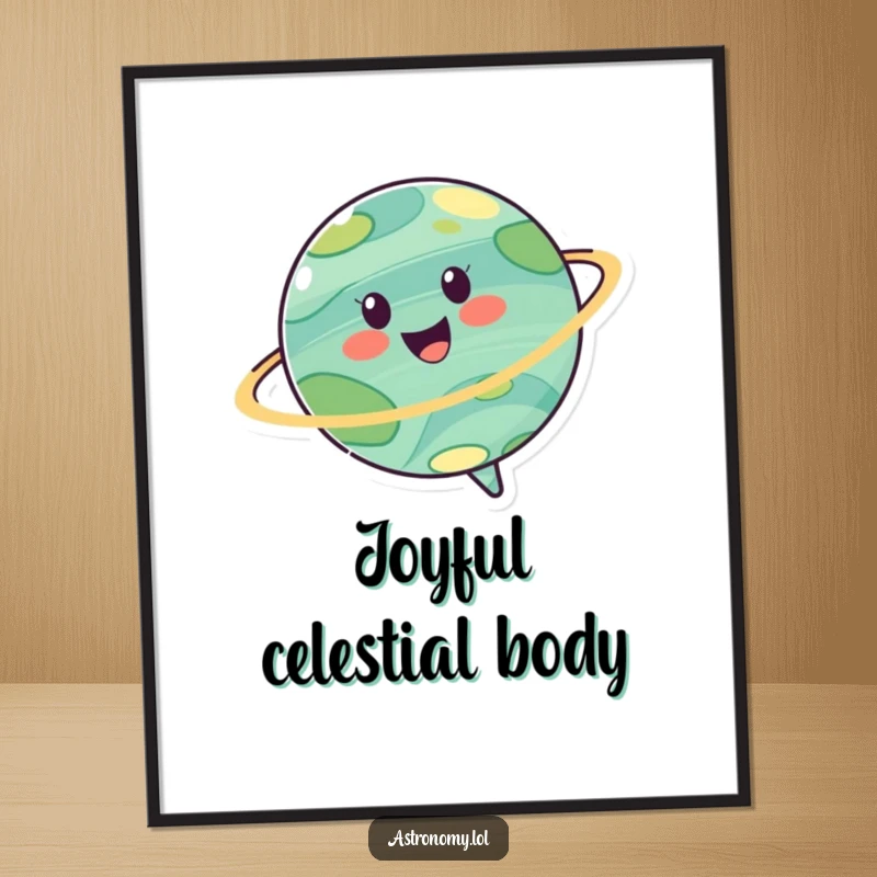 Funny digital art print of a cheerful planet character spinning joyfully, offering instant decorative charm and cosmic amusement.