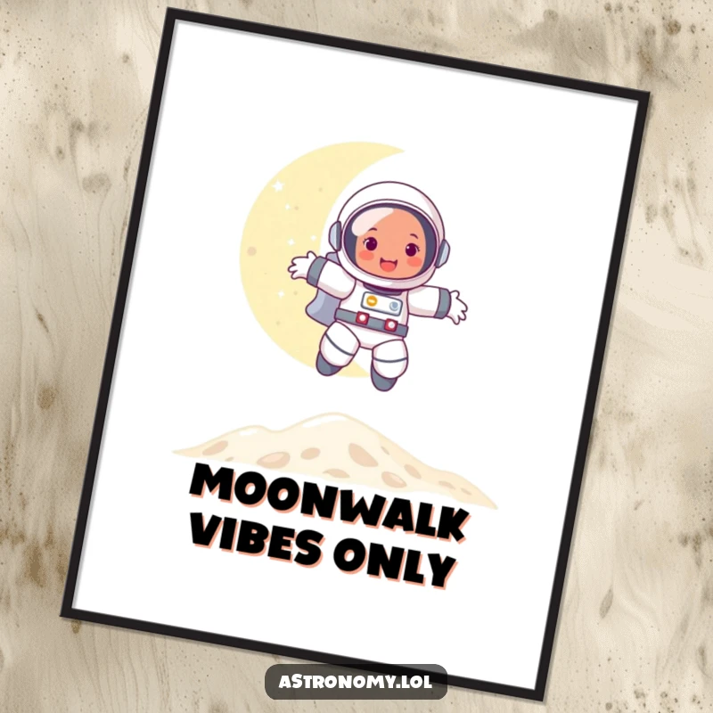 Funny digital art print of a happy astronaut bouncing on the moon, offering instant decorative charm and lunar amusement.