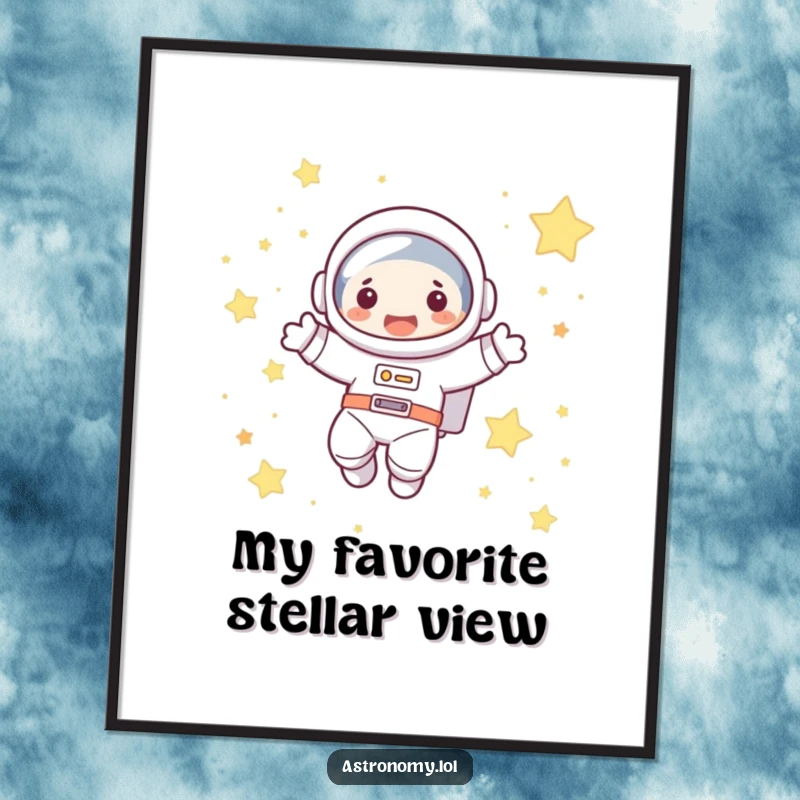 Funny astronaut digital art print of a cute character joyfully floating in space among stars, ready for instant download.