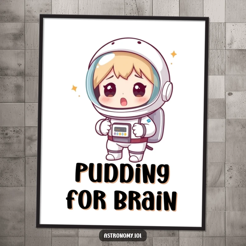 Funny astronaut digital art print of a surprised spaceman wearing a colander as a helmet, a hilarious and downloadable space-themed artwork.