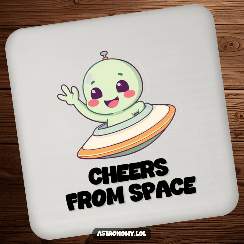 Funny alien drink coaster showing a smiling character waving from a spaceship, suitable for protecting furniture.