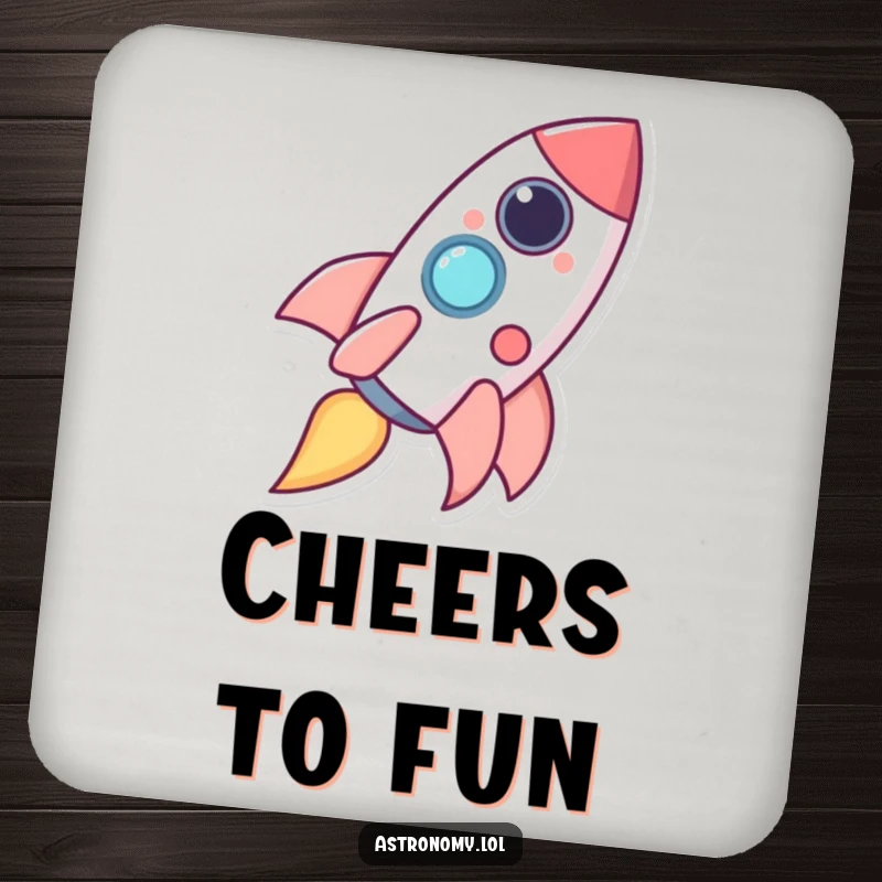 Funny happy rocket ship character leaving a trail of giggles, offering surface protection with celestial humor.