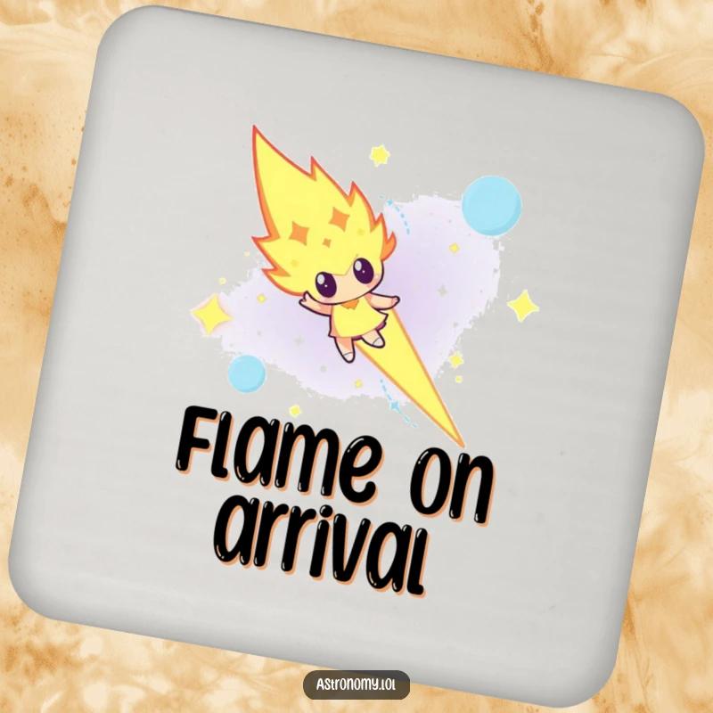 Funny determined meteor character blazing across a night sky on a protective drink coaster, adding dynamism.