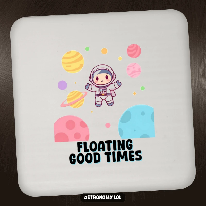 Funny astronaut drink coaster showing a cute character happily floating amongst colorful planets, suitable for any table.