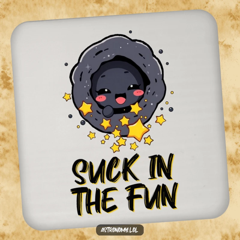 Funny coaster featuring a black hole character playfully absorbing small stars, adding cosmic humor and surface protection.