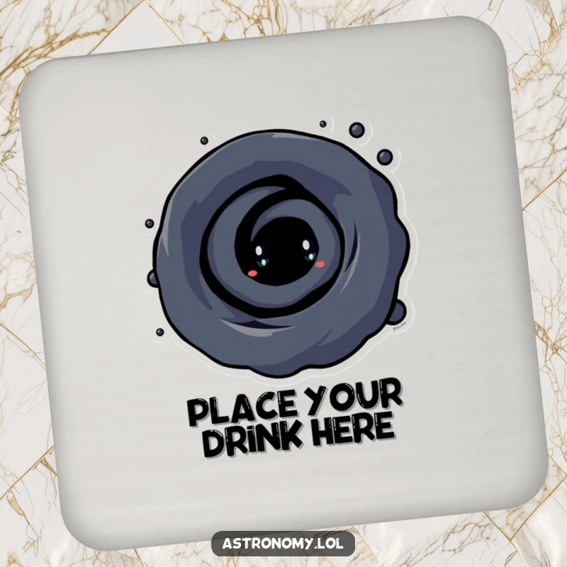 Funny Black Hole Coaster featuring a curious character with a swirling vortex, protecting tables with a touch of cosmic amusement.