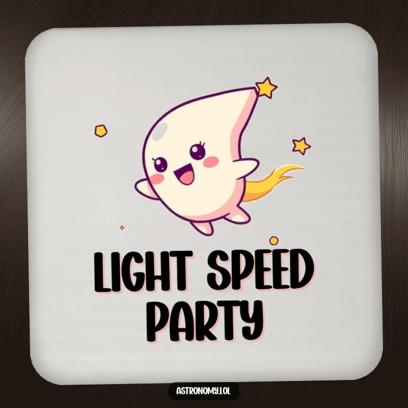 Funny drink coaster showcasing a delighted comet character streaking through space, protecting surfaces with cosmic charm and humor.