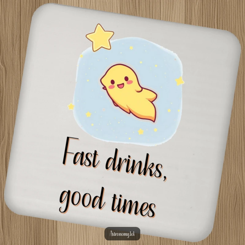 Funny drink coaster featuring a happy comet streaking across a starry sky, offering cosmic humor and surface protection.