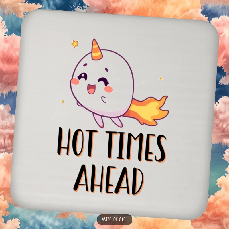 Funny comet coaster featuring a cheerful character with a fiery tail zipping by, protecting surfaces with humor.