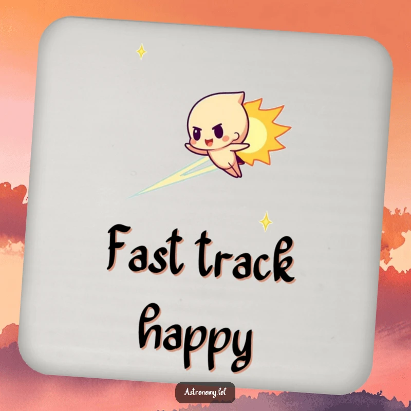 Funny meteor character streaking determinedly across the sky on drink coasters, adding cosmic fun and protection.