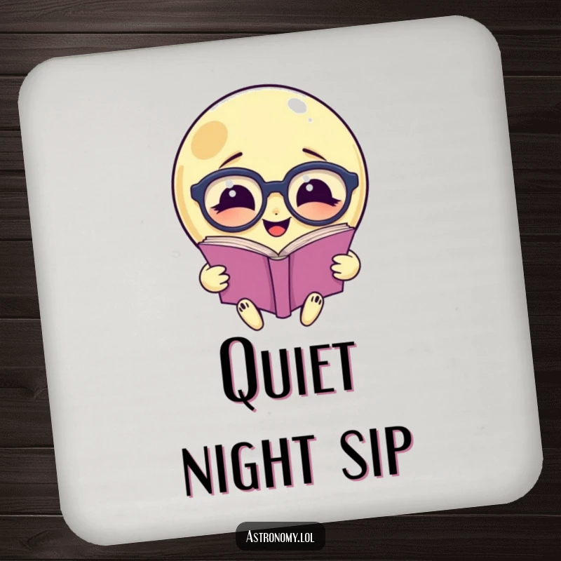 Funny coaster: A smiling moon with glasses reads a book, a humorous and practical addition.