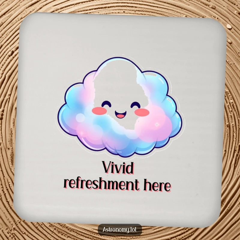 Smiling nebula cloud character expanding with happy, vibrant colors on drink coasters, adding cheerful cosmic flair.