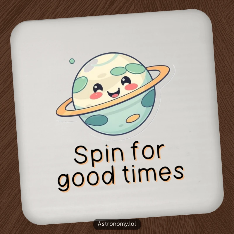 Funny coaster featuring a cute, smiling planet character happily spinning, protecting surfaces with a dose of cosmic amusement.
