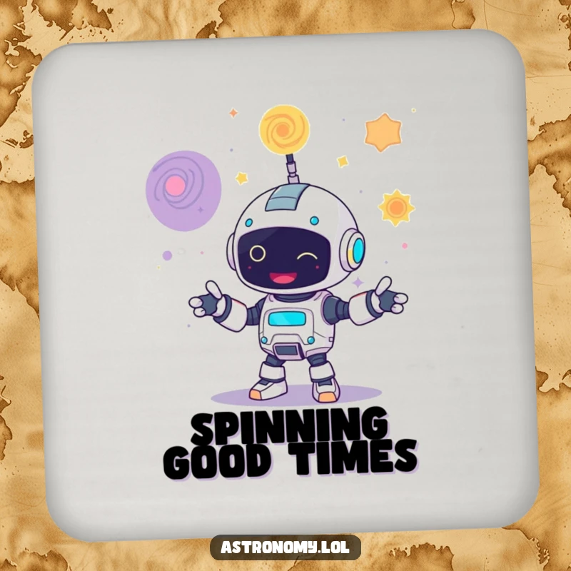 Funny drink coaster with a robot character juggling three colorful galaxies, offering protection with cosmic humor.