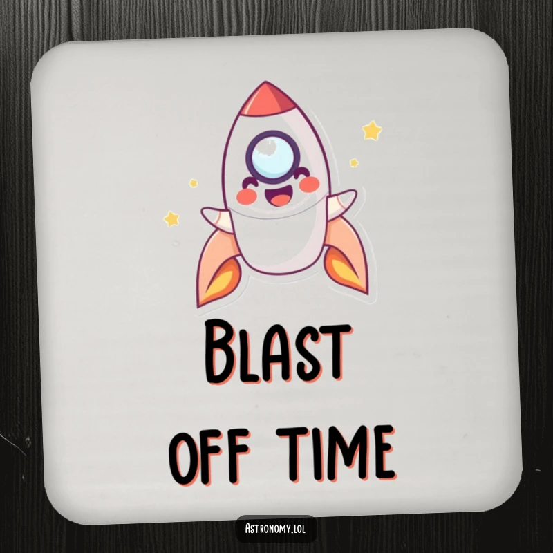 Funny Drink Coaster featuring a playful rocket character smiling and blasting off, adding a humorous and adventurous touch to drink protection.