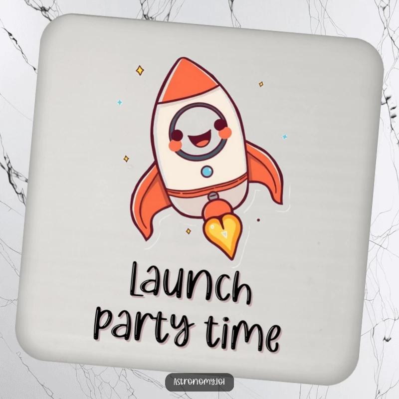 Funny rocket ship coaster featuring a happy, grinning character blasting off, protecting surfaces with humor.