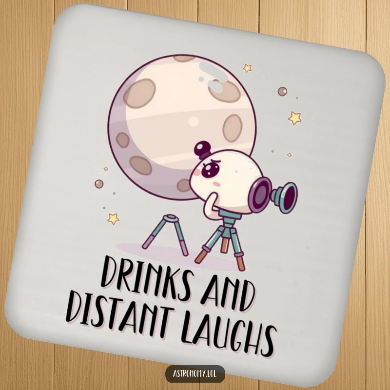 Funny drink coaster depicting a cute, surprised character looking through a telescope at a giggling planet, adding a humorous touch.