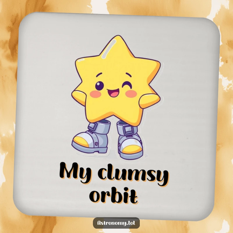Funny star drink coaster depicting a cheerful character wearing oversized, wonky gravity boots, adding humor to tabletops.