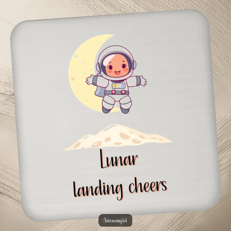 Funny drink coasters featuring a happy astronaut bouncing on the moon, protecting surfaces with a splash of lunar humor and style.