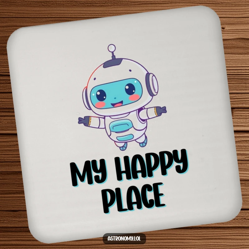 Funny drink coaster featuring a smiling robot companion, designed to protect surfaces with a cheerful AI presence.