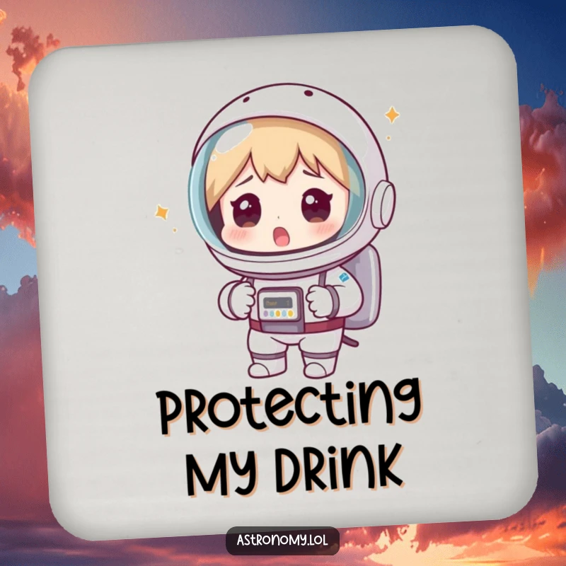 Funny astronaut drink coaster showing a surprised spaceman wearing a colander, a humorous accessory to protect tables from drinks.