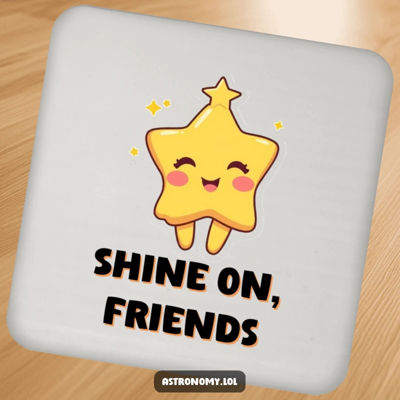 Funny star drink coaster showing a playful character twinkling with mischievous joy, suitable for any table.
