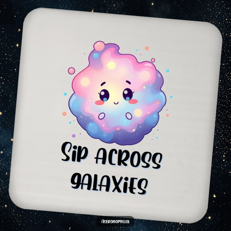 Funny coaster with a curious nebula character and swirling colorful cosmic dust, protecting surfaces with cosmic flair. Unique gift.