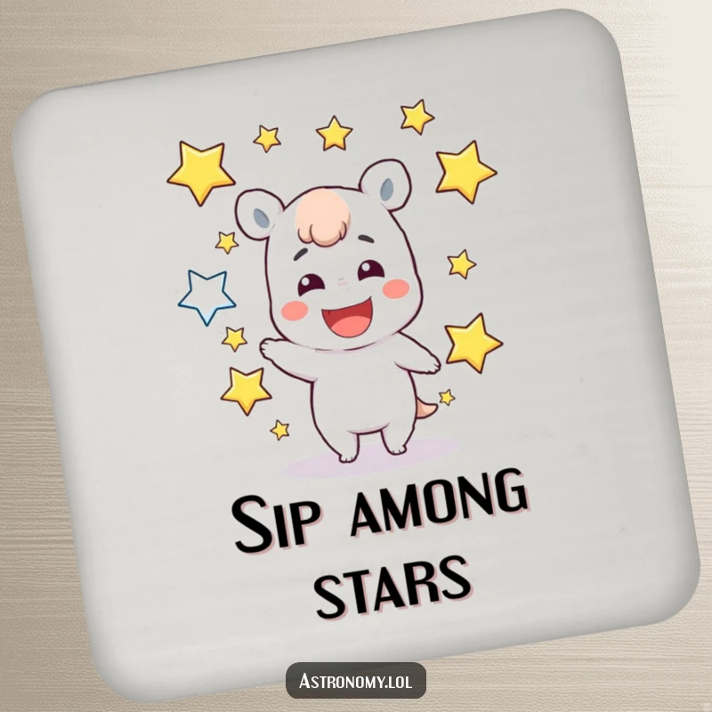 Funny Coaster: A grinning character expertly juggles luminous stars, adding a touch of cosmic joy to any tabletop.