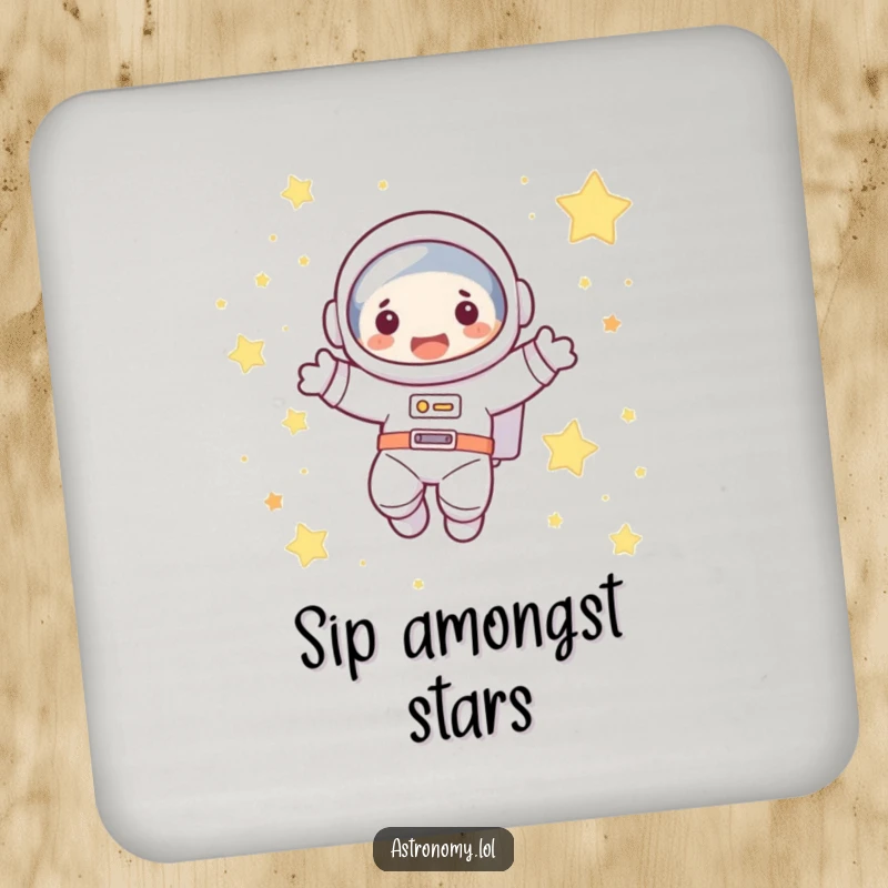 Funny astronaut coaster with a cute character joyfully floating in space among stars, protecting surfaces with humor.