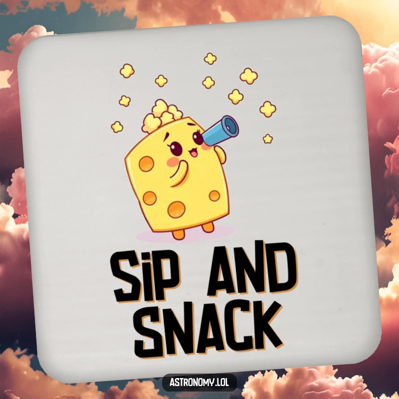 Funny coaster: A cheese cube with a telescope looking at popcorn stars, a humorous and practical addition.