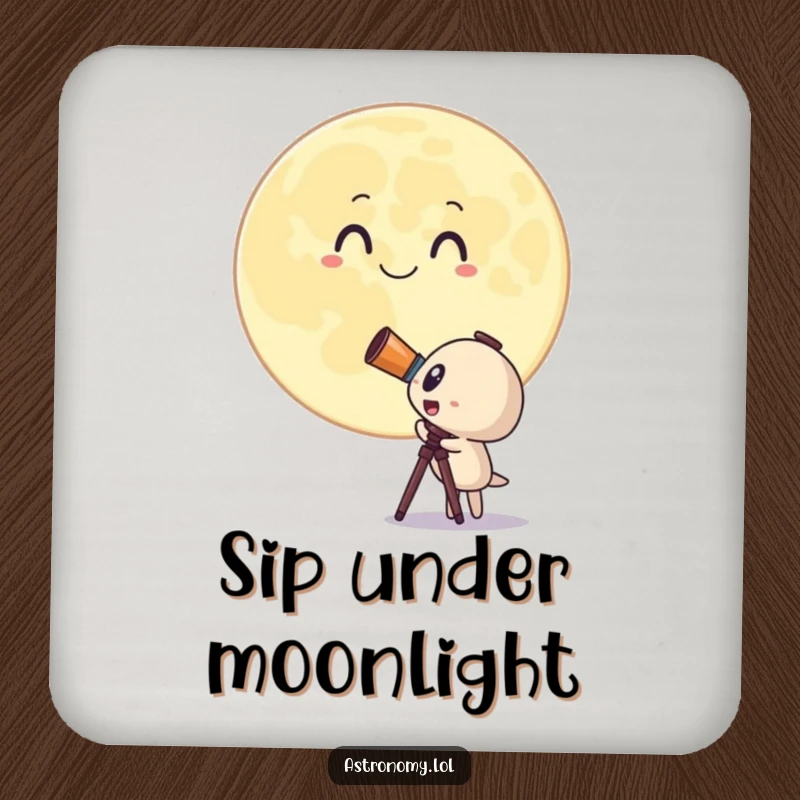 Funny coaster with a surprised telescope character looking at a giant, smiling moon, protecting surfaces with charm. Unique gift.
